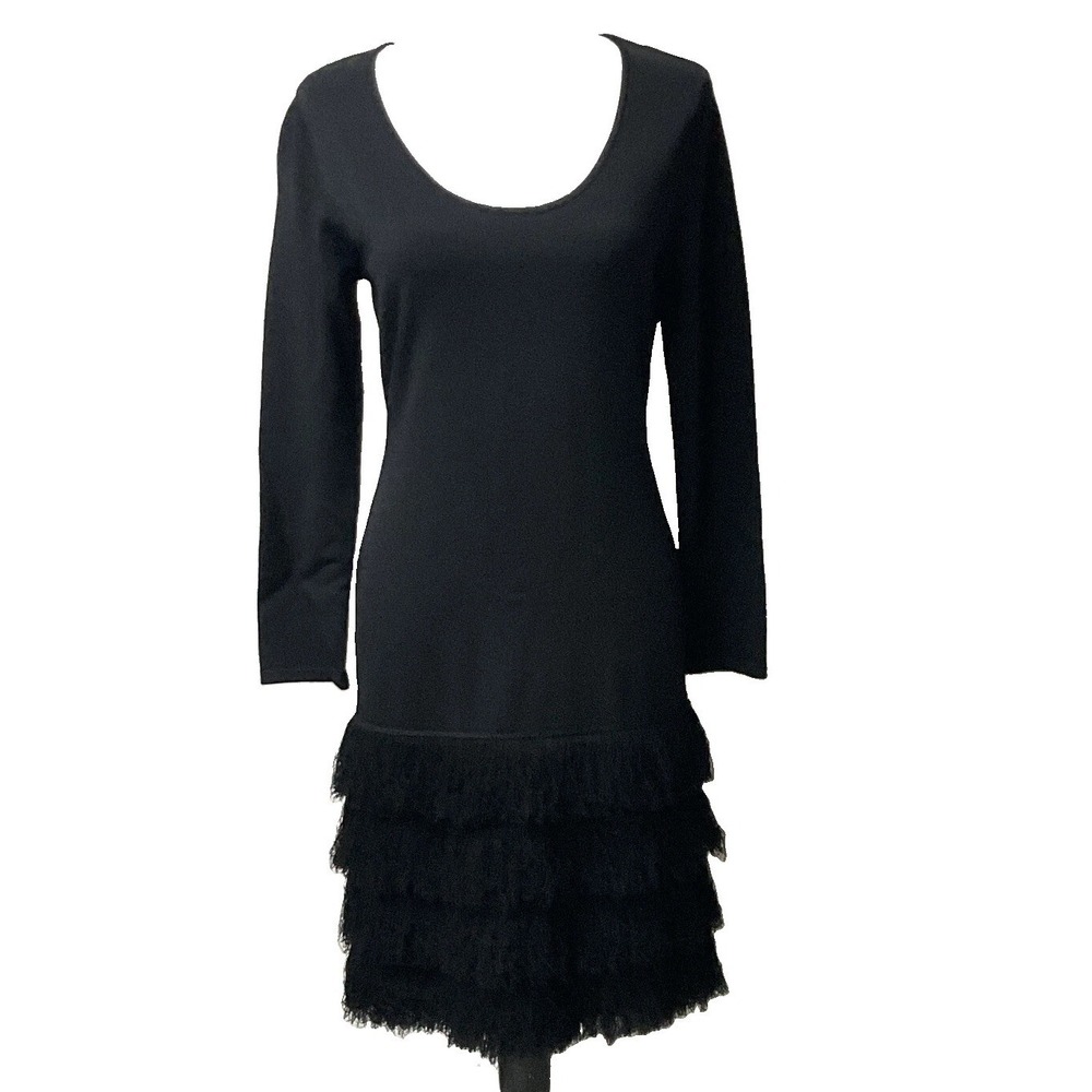 Calvin Klein‎ Fringe Knit Dress Womens Medium Black EUC Long Sleeve Scoop Neck